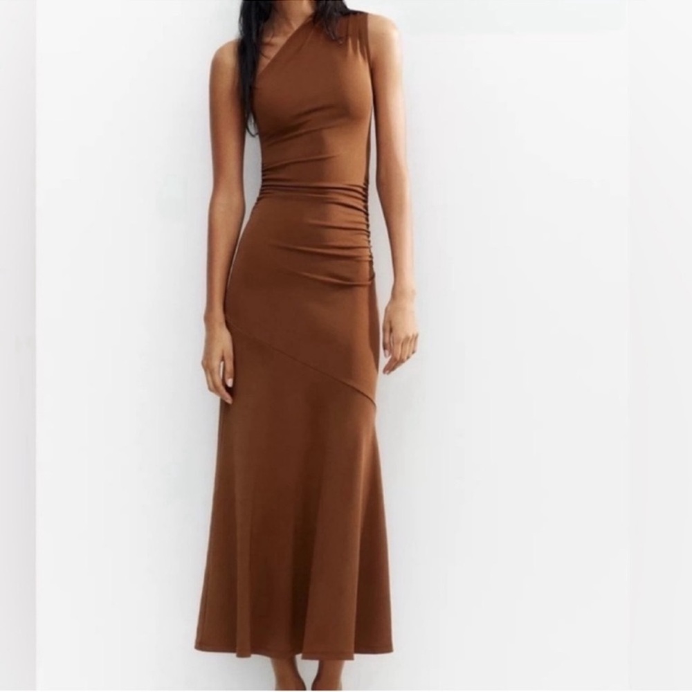 One-Shoulder Brown Maxi Dress with Side Ruching
